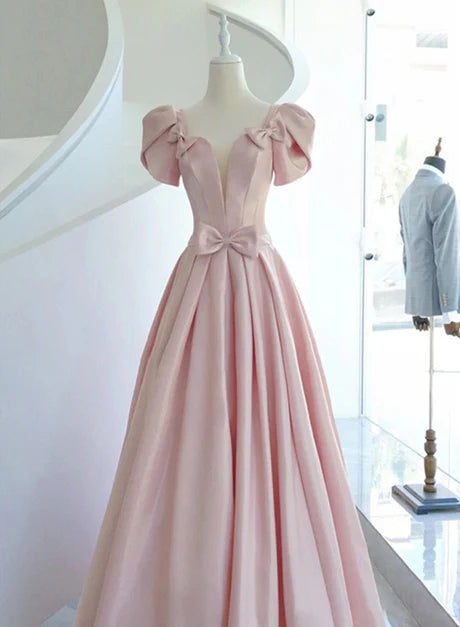 Pink Satin Long Short Sleeves Prom Dress Party Dress Formal Dress Wedding Party Dress With Bow(s) Wholesale