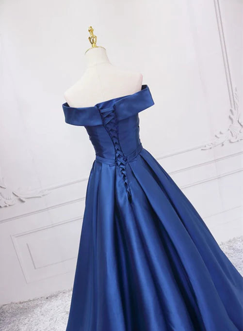 Off Shoulder Blue Satin A-line Floor Length Prom Dress Simple Formal Dress Elegant Evening Dress