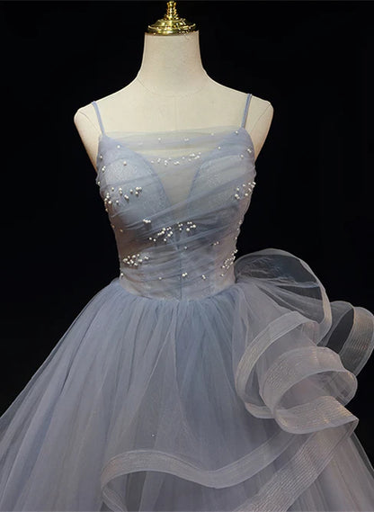 Grey Tulle Straps Layers Long Prom Dress Party Dress Ball Gown Formal Dress Elegant