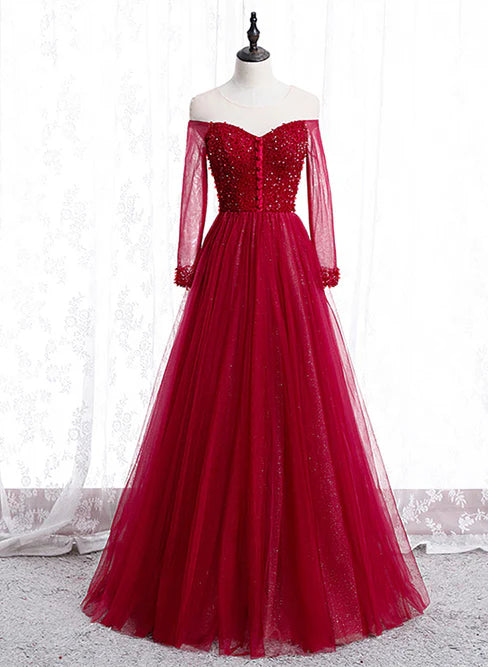 Wine Red Long Sleeves Beaded Tulle Evening Gown A-line Long Prom Dress Wholesale