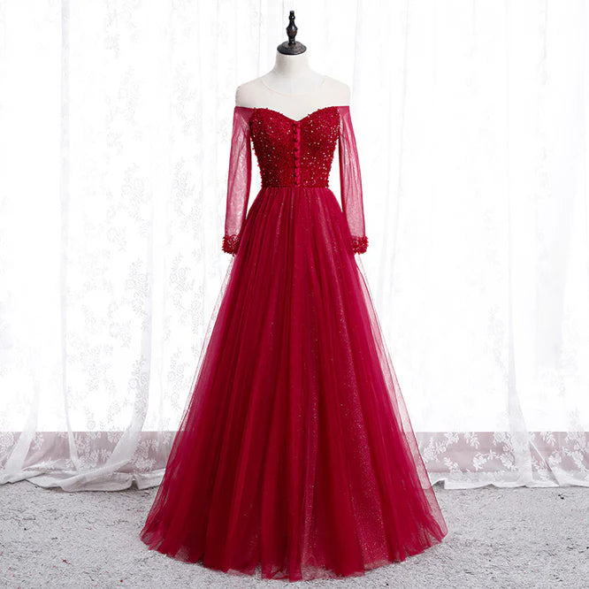 Wine Red Long Sleeves Beaded Tulle Evening Gown A-line Long Prom Dress Wholesale