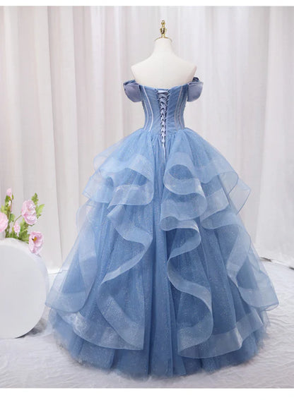 Blue Beaded Off Shoulder Tulle Long Formal Dress Evening Dress Prom Dress 16 Dress Elegant