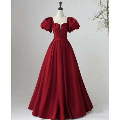 Black Satin Puffy Sleeves Long Evening Party Dress Long Prom Dress Burgundy Elegant Formal Dress Wholesale