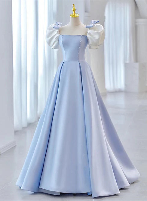 Light Blue Satin Short Sleeves with Bow Lace-up Party Dress Prom Dress Elegant Evening Dress