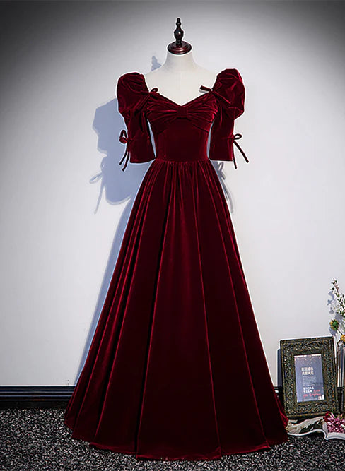 Wine Red Short Sleeves A-line Long Party Dress Bridesmaid Dress Elegant Evening Dress Wholesale