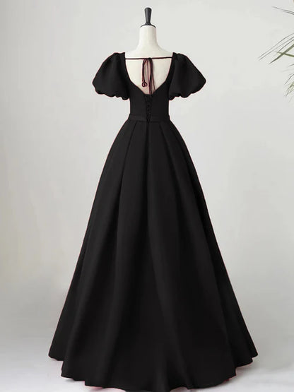 Black Satin Puffy Sleeves Long Evening Party Dress Long Prom Dress Burgundy Elegant Formal Dress Wholesale