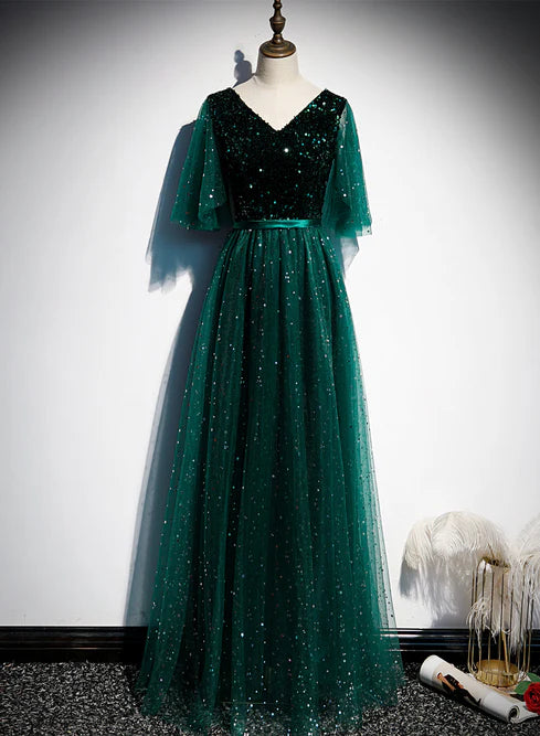 Green V-neckline Shiny Tulle Long Wedding Party Dresses Formal Dresses Elegant Evening Dress Prom Dress Wholesale