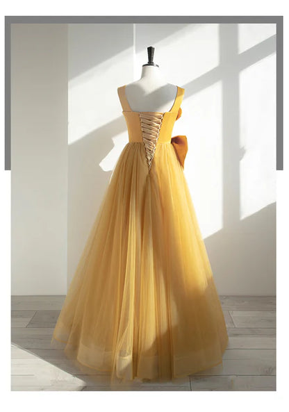 Yellow Tulle Long Party Dress with Bow Prom Dress Evening Gown Formal Dress Wholesale