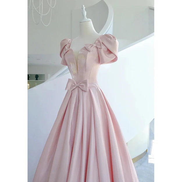 Pink Satin Long Short Sleeves Prom Dress Party Dress Formal Dress Wedding Party Dress With Bow(s) Wholesale