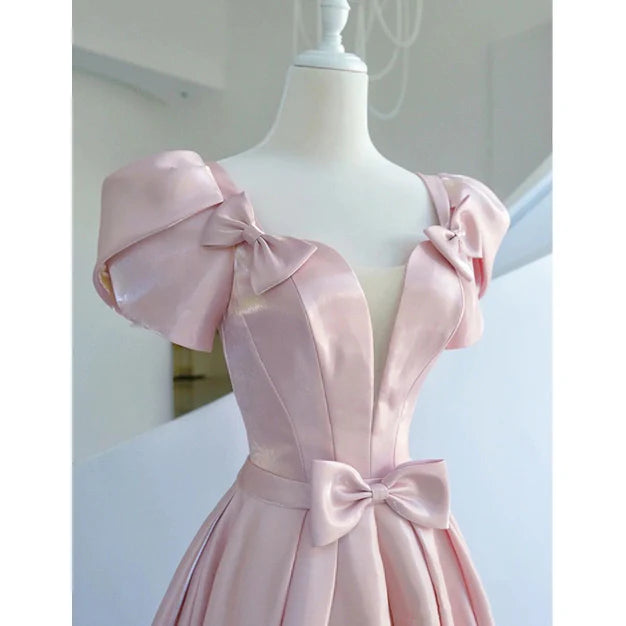 Pink Satin Long Short Sleeves Prom Dress Party Dress Formal Dress Wedding Party Dress With Bow(s) Wholesale