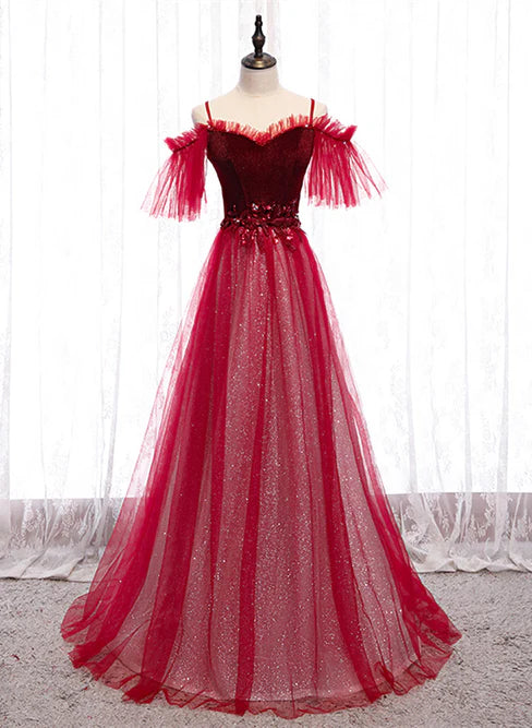 Off Shoulder Wine Red Velvet and Tulle Party Dress A-line Tulle Floor Length Prom Dress Evening Dress Wholesale