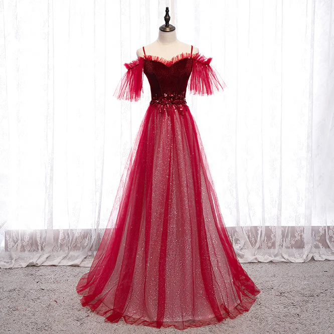 Off Shoulder Wine Red Velvet and Tulle Party Dress A-line Tulle Floor Length Prom Dress Evening Dress Wholesale