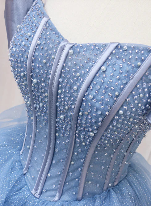 Blue Beaded Off Shoulder Tulle Long Formal Dress Evening Dress Prom Dress 16 Dress Elegant