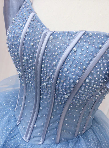 Blue Beaded Off Shoulder Tulle Long Formal Dress Evening Dress Prom Dress 16 Dress Elegant