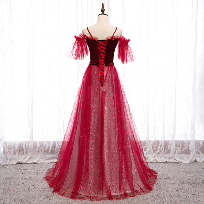 Off Shoulder Wine Red Velvet and Tulle Party Dress A-line Tulle Floor Length Prom Dress Evening Dress Wholesale