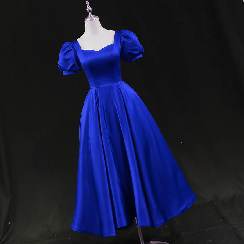 Aimishang Elegant Blue Satin A Line Short Sleeves Lace-Up Back Formal Prom Dress Classy Wedding Guest Party Dress