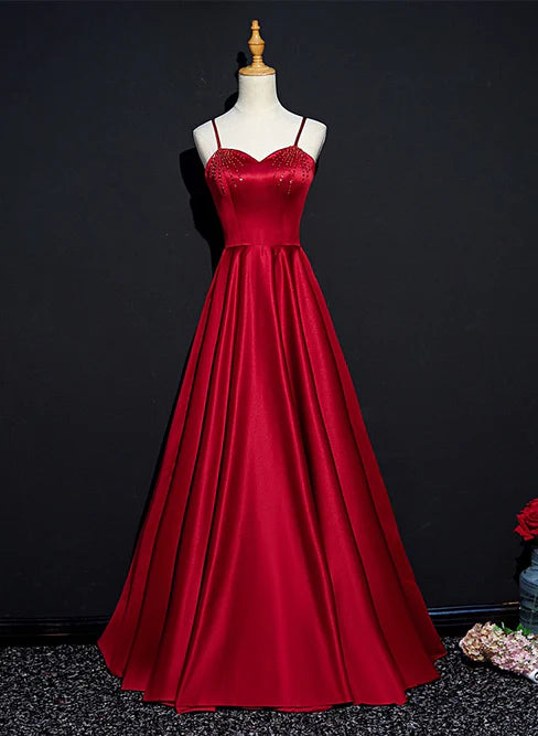 Red Satin Beaded Sweetheart Party Dress A-line Prom Dress Elegant Evening Dress Wholesale