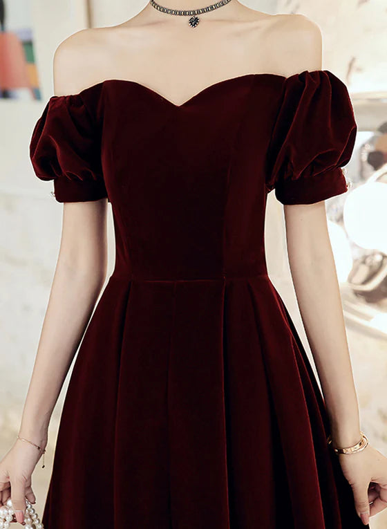 Wine Red Velvet Tea Length Off Shoulder Party Dress Bridesmaid Dress Elegant Evening Dress