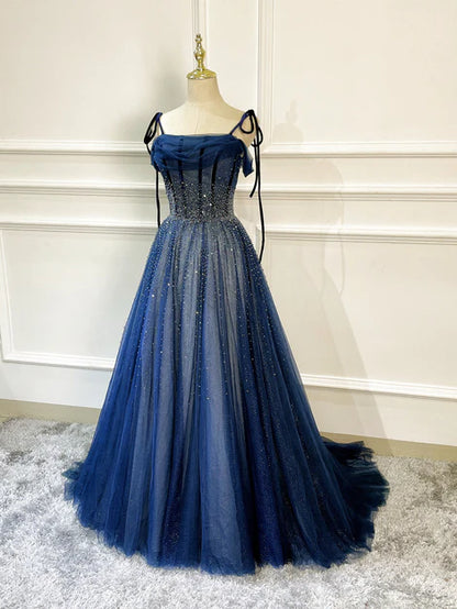 Shiny Navy Blue Tulle Straps Long Prom Dresses Party Dresses A-line Beaded Evening Dress Wholesale