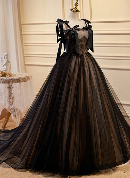 Black Straps Tulle with Lace Long Formal Dress A-line Prom Dress Elegant Evening Dress Wholesale