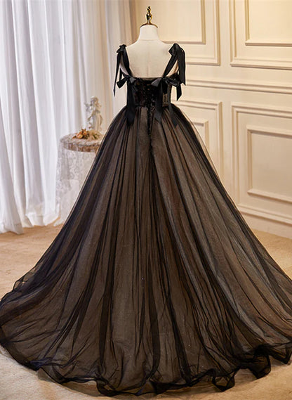 Black Straps Tulle with Lace Long Formal Dress A-line Prom Dress Elegant Evening Dress Wholesale