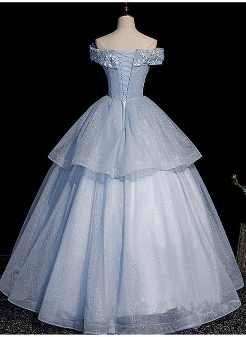 Light Blue Ball Gown Tulle with Lace Formal Dress Sweet 16 Dresses Off Shoulder Prom Dress