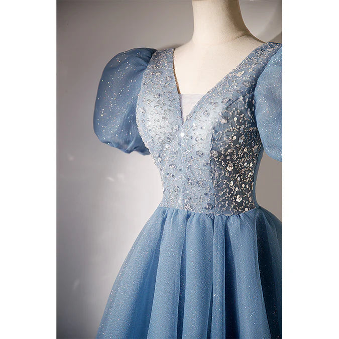 Aimishang A Line Beaded Tulle Short Sleeves Formal Dresses Homecoming Dress Prom Dress Graduation Dress