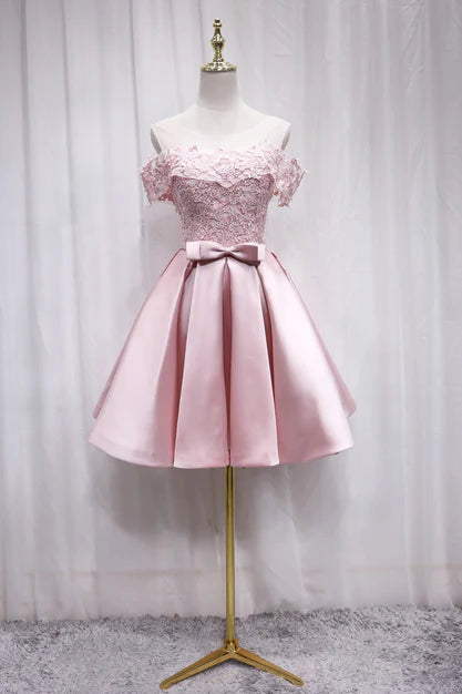 Aimishang A Line Satin Off Shoulder Lace Homecoming Dress Gradaution Dress Party Dress With Bow