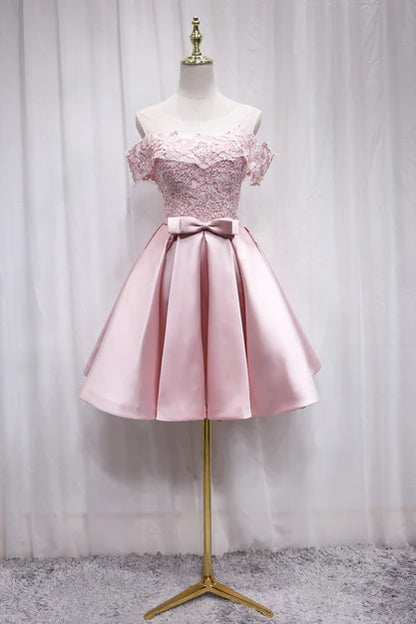 Aimishang A Line Satin Off Shoulder Lace Homecoming Dress Gradaution Dress Party Dress With Bow