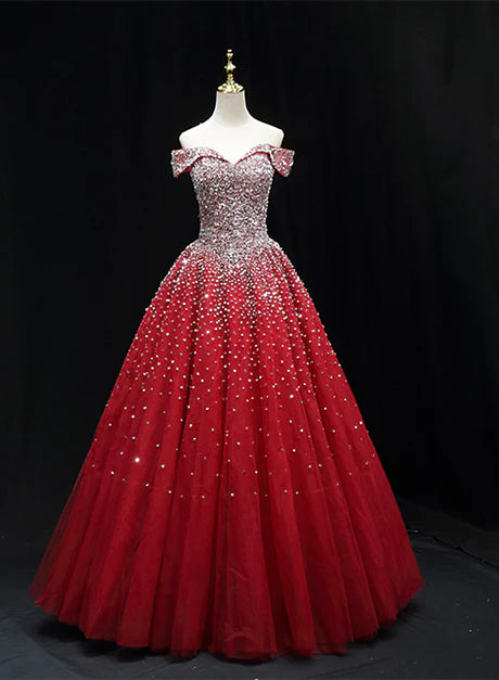 Shiny Red Sequins Pretty Long Formal Dress Dark Red Sweet 16 Dresses Off Shoulder Prom Dress Wholesale