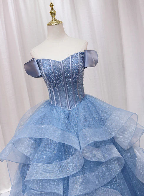 Blue Beaded Off Shoulder Tulle Long Formal Dress Evening Dress Prom Dress 16 Dress Elegant