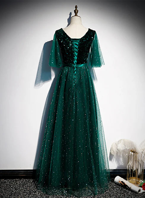 Green V-neckline Shiny Tulle Long Wedding Party Dresses Formal Dresses Elegant Evening Dress Prom Dress Wholesale