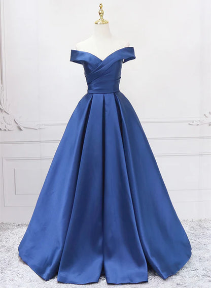 Off Shoulder Blue Satin A-line Floor Length Prom Dress Simple Formal Dress Elegant Evening Dress