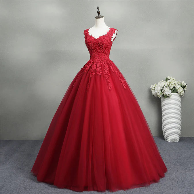 Gorgeous Red Ball Gown Sweet 16 Gown Tulle with Lace Applique Party Dress Prom Dress Wholesale