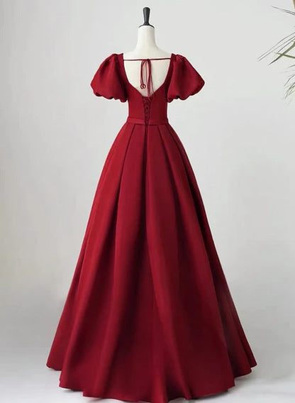 Wine Red Short Sleeves A-line Floor Length Party Dress Long Prom Dress Elegant Evening Dress