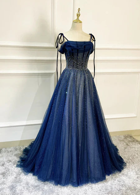 Shiny Navy Blue Tulle Straps Long Prom Dresses Party Dresses A-line Beaded Evening Dress Wholesale