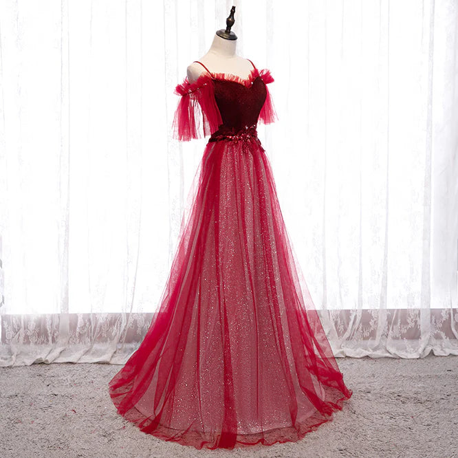 Off Shoulder Wine Red Velvet and Tulle Party Dress A-line Tulle Floor Length Prom Dress Evening Dress Wholesale