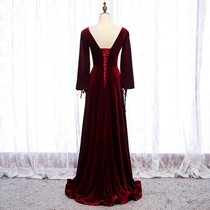 Burgundy Velvet Long Sleeves A-line Prom Dress Long Simple Bridesmaid Dress Elegant Evening Dress Wholesale