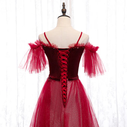 Off Shoulder Wine Red Velvet and Tulle Party Dress A-line Tulle Floor Length Prom Dress Evening Dress Wholesale