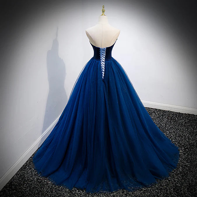 Navy Blue Velvet Top and Tulle Long Formal Dress Sweetheart Prom Dress Off Shoulder Elegant Wholesale