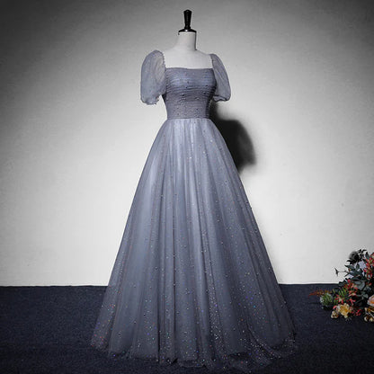 Grey Beaded Tulle Long Formal Dress Party Dress Evening Gown A Line Short Sleeves Prom Dress Wholesale