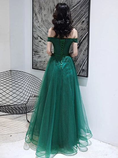 Dark Green Tulle Beaded Off Shoulder Long Party Dresses A-line Long Evening Dress Prom Dress Wholesale