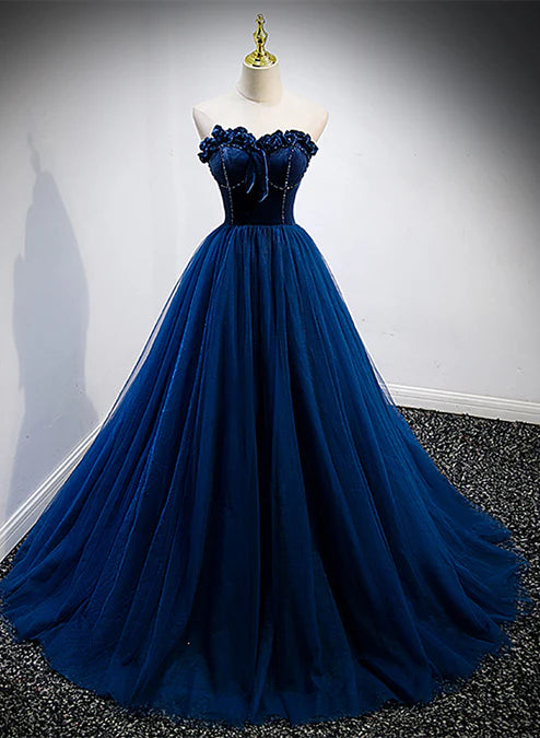 Navy Blue Velvet Top and Tulle Long Formal Dress Sweetheart Prom Dress Off Shoulder Elegant Wholesale