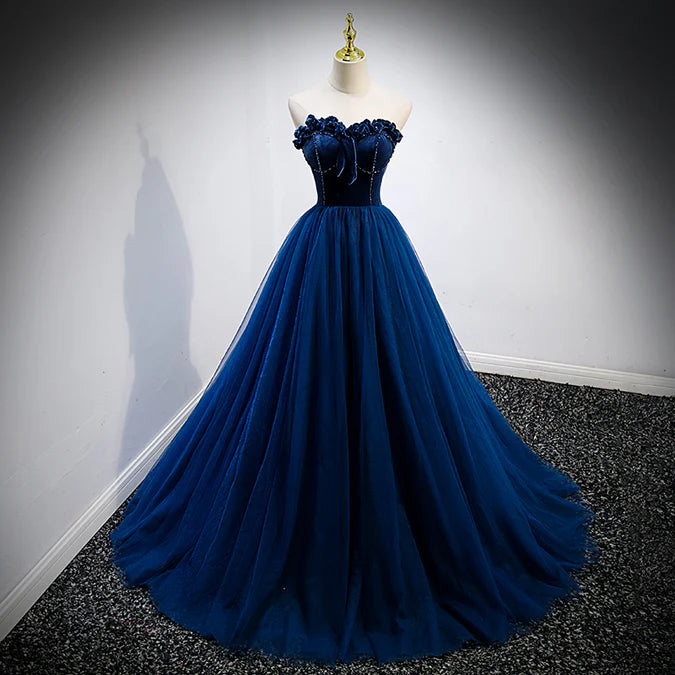 Navy Blue Velvet Top and Tulle Long Formal Dress Sweetheart Prom Dress Off Shoulder Elegant Wholesale