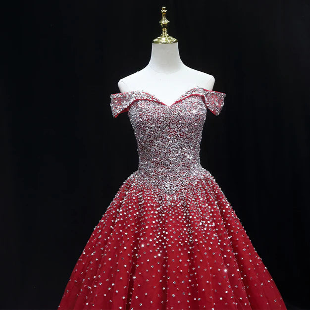 Shiny Red Sequins Pretty Long Formal Dress Dark Red Sweet 16 Dresses Off Shoulder Prom Dress Wholesale