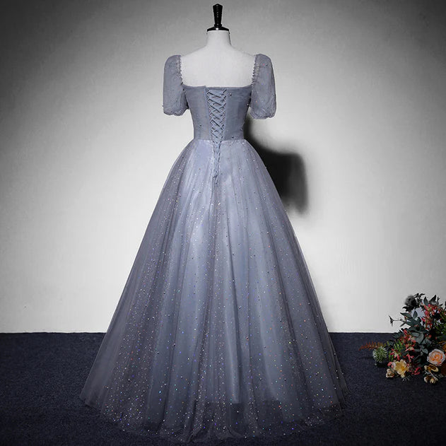 Grey Beaded Tulle Long Formal Dress Party Dress Evening Gown A Line Short Sleeves Prom Dress Wholesale