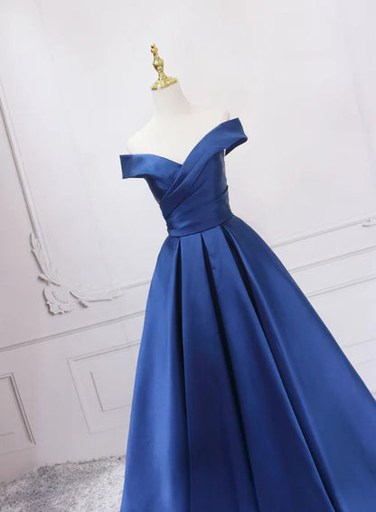 Off Shoulder Blue Satin A-line Floor Length Prom Dress Simple Formal Dress Elegant Evening Dress