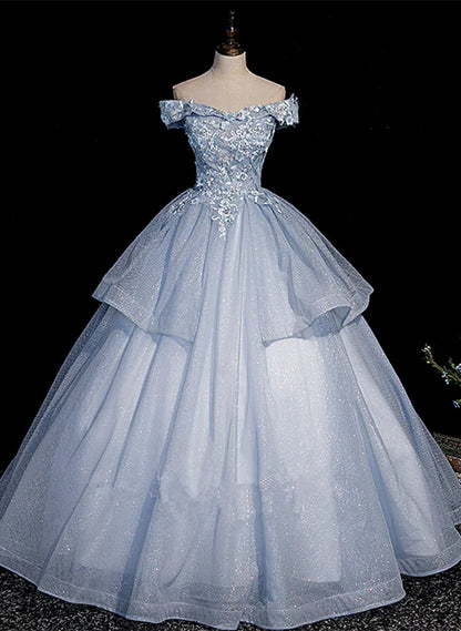 Light Blue Ball Gown Tulle with Lace Formal Dress Sweet 16 Dresses Off Shoulder Prom Dress