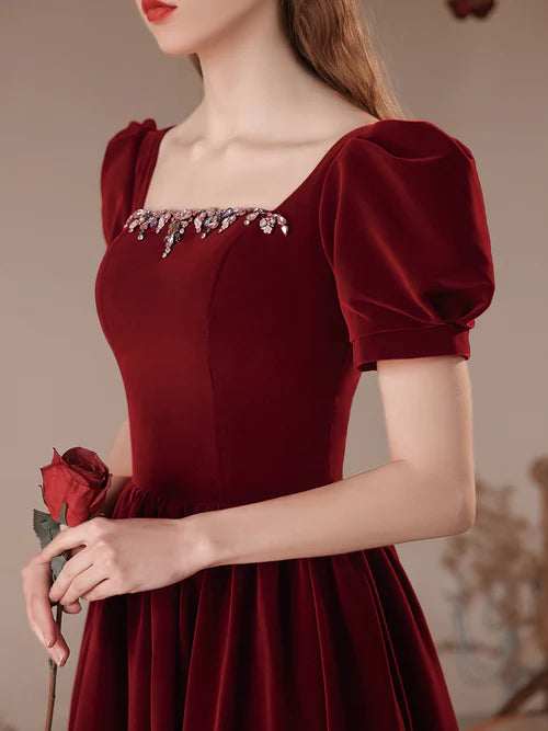 Wine Red Short Sleeves A-line Velvet Party Dress Bridesmaid Dress Elegant Evening Dress Wholesale