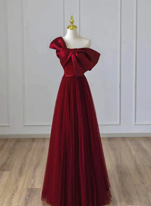 Wine Red Satin and Tulle A-line Simple Prom Dress Floor Length Party Dress Elegant Evening Dress